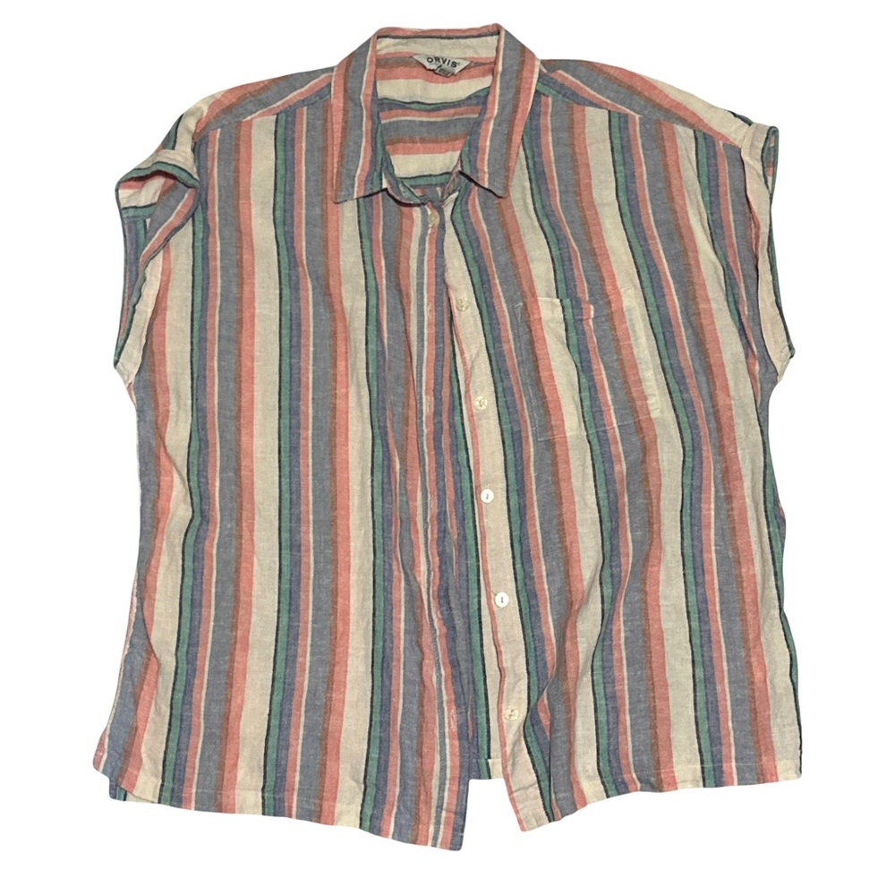 Orvis Linen Blend Striped Button Front Shirt Large Coastal Summer Top